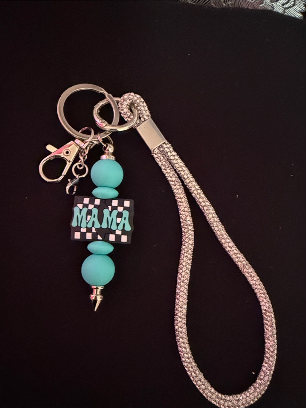 Made by me- Sparkle Wristlet Keychain with Turquoise "MAMA" Charm